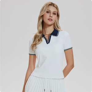 Polo de Manga Corta Blanco para Mujer con Cuello y Ribete Azul Marino, Estilo Preppy, Tela Oxford, 100% Algodón - Product Image 1