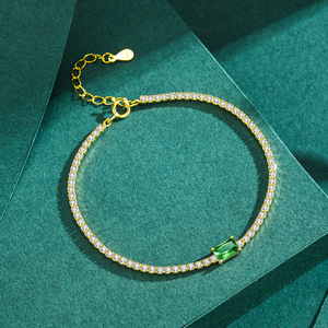 S925 silver Minimalist 22k Gold Plated Chain <b>Bracelet</b> With Emerald Cut Green Stone And Diamond Accents For Women Everyday Wear - Product Image 3