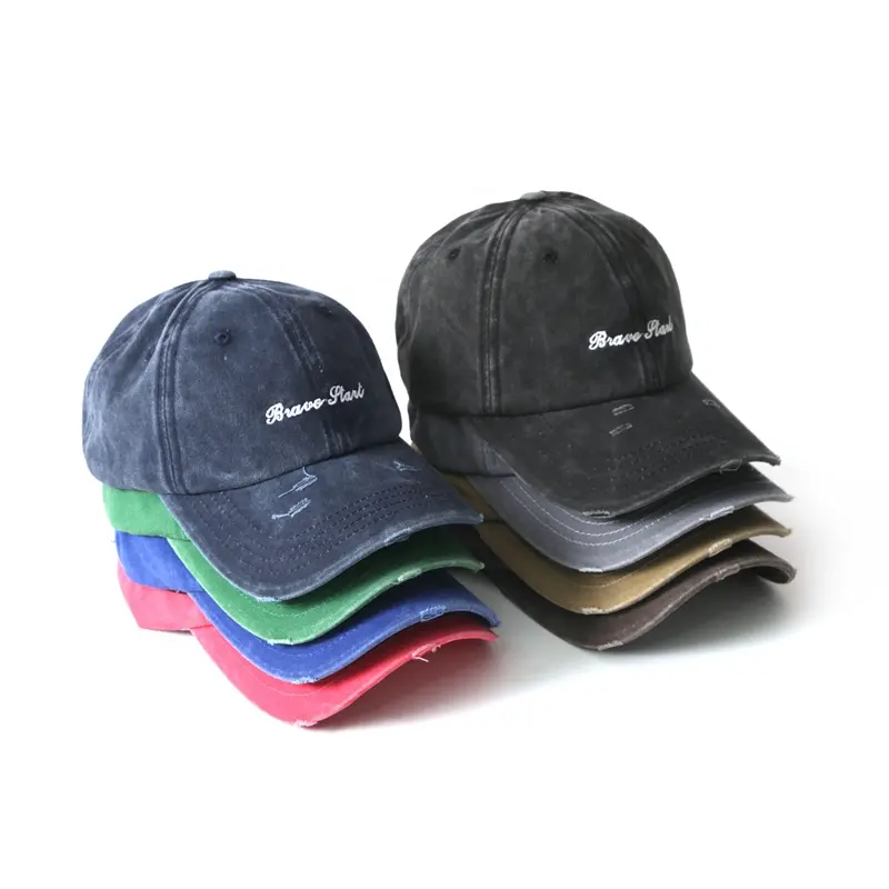 Wholesale 6 Panel Metal Buckle Untructured Cotton Vintage Gorras Custom Embroidery Logo Baseball Cap Washed Distressed Dad Hats