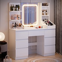 Table de maquillage moderne en bois blanc avec miroir LED, 7 tiroirs et 8 étagères, pour appartement, MOQ 100