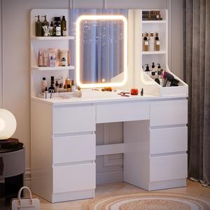 Table de maquillage moderne en bois blanc avec miroir et éclairage LED, 7 tiroirs et 8 étagères, MOQ 100 - Product Image 1