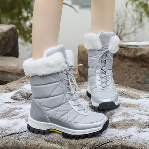 Women Winter Snow Boots Furry Cuff Mid Calf Lace Up Boots Waterproof Anti Slip Thick Sole <b>Warm</b> Outdoor Boots - Product Image 1