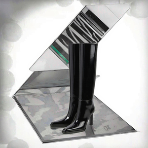 Bottines longues à bout pointu pour femmes, en cuir verni miroir, noires, talons épais, uniques, pour l'hiver/le printemps/l'automne - Product Image 2