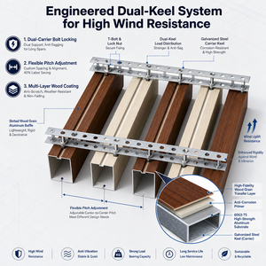 แผ่นฝ้าเพดานอะลูมิเนียมลายไม้แบบ Dual Carrier Bolt Lock พร้อมแผ่นกันไฟ A1 สำหรับฝ้าเพดานแบบแขวน - Product Image 2