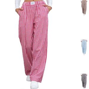 Women's Summer Fashion Plaid Casual Elastic Waist Boxer Shorts with Flat Front Loose Fit & Long Pants <b>Pocket</b> - Product Image 1