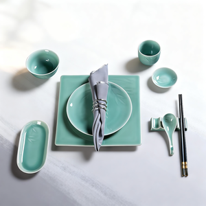 Service de table de luxe en céladon de Longquan, 8 pièces, assiette carrée ronde, bol, tasse, cuillère, OEM et ODM disponibles, <span class=keywords><strong>vaisselle</strong></span> écologique - Product Image 1