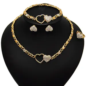 18k Big Plated Two Heart-shapes Jewelry Sets Fresh and Delicate Sparkling Necklace Earrings Bangle Ring Four piece Set