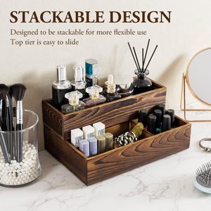 Wooden Two Tier <b>Makeup</b> Organizer With Drawers Storage <b>Box</b> For Bathroom Vanity Desktop Cosmetic Storage - Product Image 3