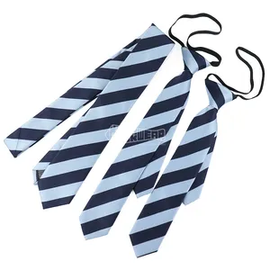 Custom Mens Elastic Pre Tied Polyester Ties Striped Skinny Neck Tie Supplier Blue School For Wholesale