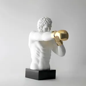 Groothandel Witte Grote Hars Sculptuur Decoratie Boksen Mannen Beeldhouwbeeld Sport Kunst Sculptuur