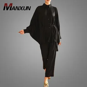 Vestido Abaya de ala de murciélago para mujer, Túnica de trabajo sólida con pantalones, estilo británico, holgado, corto, musulmán, Tops, conjuntos de ropa islámica