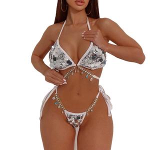 Maillot de bain femme 2 pièces avec logo personnalisé 3D, faible MOQ, échantillon gratuit, ensemble bikini string brillant orné de diamants, soutien-gorge, vêtements de plage, tenue de luxe - Product Image 4