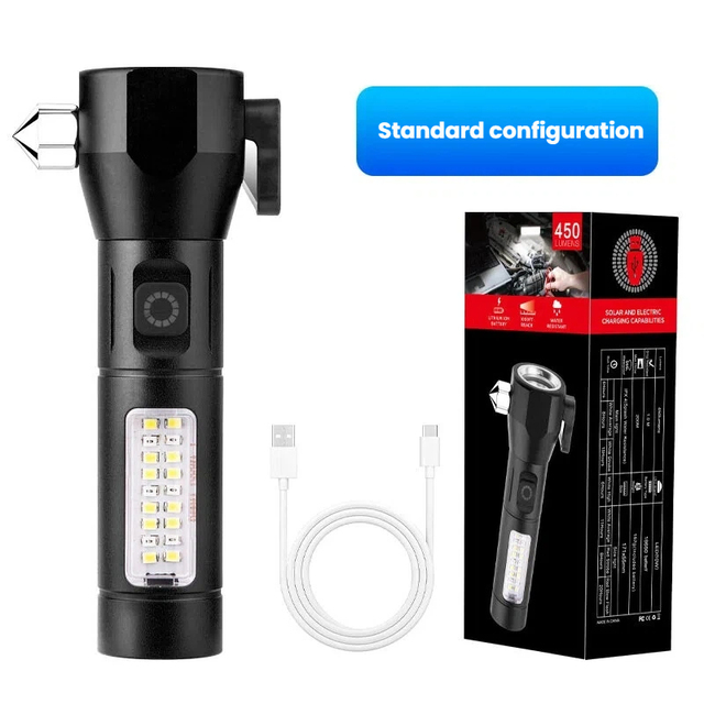Car Safety Hammer Flashlight IP65 Waterproof USB Rechargeable Emergency Survival Lighting with Aluminum Alloy Construction