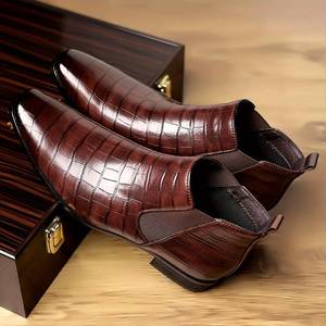 Botas de Tobillo con Cremallera y Patrón de Cuero Genuino para Hombre, Punta Puntiaguda, Suela de Goma Antideslizante, para Oficina, Carrera, Todas las Temporadas, Venta al por Mayor - Product Image 2