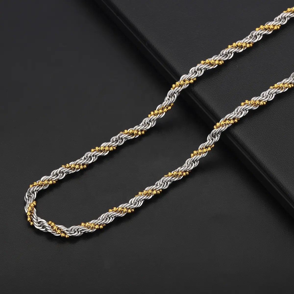 New Design Stainless Steel Mixed Color Gold Plated 18K Twist Bead Rope Chain Necklace Men