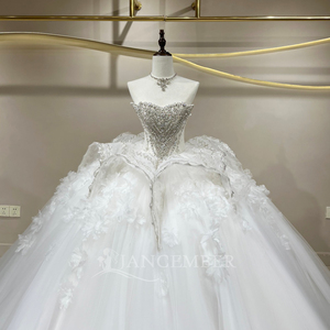 JFH87 Vestido de Novia Princesa Sin Tirantes Color Marfil con Flores Florales, Estilo Imperio, Hinchado, Cola Capilla, Moderno, con Lentejuelas y Encaje - Product Image 5