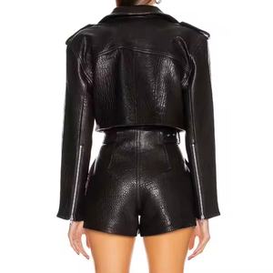 Nuevo Diseño de Alta Calidad, Conjunto de Cuero para Mujer, Chaqueta Corta con Cierre, Shorts en Línea A, Falda de Cuero Brillante, Traje de Mujer - Product Image 4