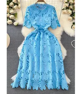 Droma 2024 New Arrival Thời Trang Eo Đóng Cửa Ngắn Tay Áo Đẹp Thêu Thanh Lịch Midi Dress Trang Phục Chính Thức Cho Phụ Nữ