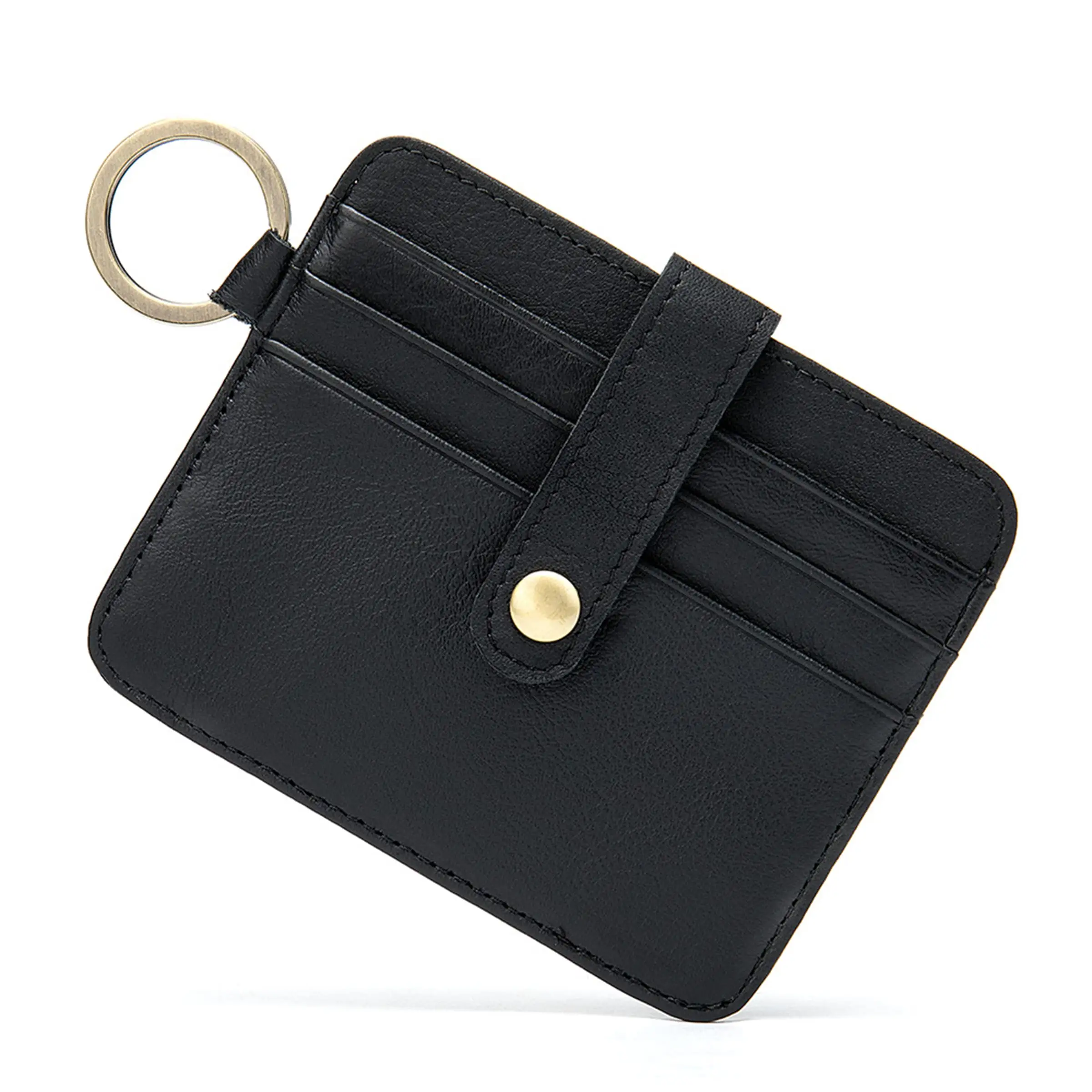 Hot Slim Minimalist Cowhide Leather Men Women Mini Key Ring Custom Stitch Luxury Sublimation Keychain Wallet Credit Card Holder