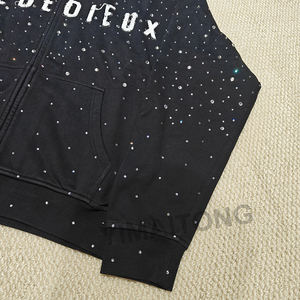 Sudaderas con capucha para hombre con cremallera de algodón pesado 100% de felpa francesa personalizada con apliques bordados desgastados y cremallera con diamantes de imitación - Product Image 5