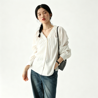 Chemisier OEM plissé à col en V pour femme, manches longues bouffantes, boutonné, décontracté, quotidien, coupe ample, col élastique, élégant
