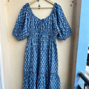 Robe d'été Robe d'été en coton indien Robe longue bleue avec bloc de main imprimé Floral Design ODM Supply - Product Image 1