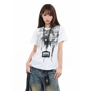 Camiseta Gráfica Vintage con Estampado de Pintura Salpicada, Unisex, Estilo Urbano Hip Hop, Novedad de Verano, Top Informal con Estampado Desgastado, 100% Algodón - Product Image 1