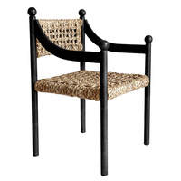 Chaise de salle à manger rustique en bois massif noir avec assise et dossier tressés, style méditerranéen, avec embouts en forme de boule