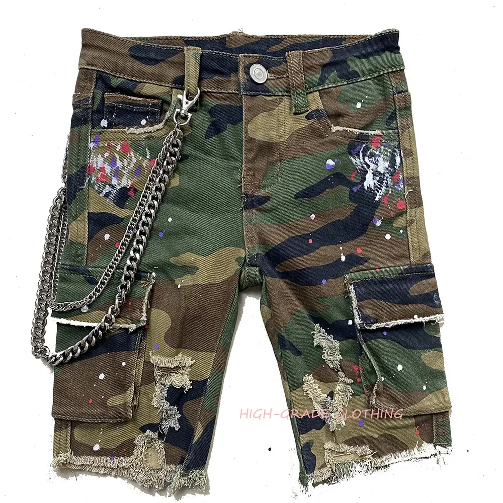 Tissu grande taille garçons Shorts avec chaînes peintures colorées garçon Shorts Camo haute qualité usine produits Denim mi bébé Shorts 2 pièces