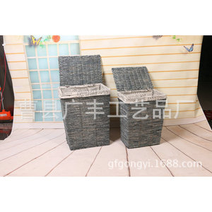 Panier à linge carré en osier avec couvercle gris clair pour buanderie, rangement de vêtements, type sur pied GF 02 - Product Image 3