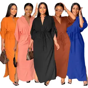 S824 New Arrival Long Sleeve Fall Dresses for Women Solid Color V-neck Slit Loose Casual Dresses Women Lady Elegant Long Dress