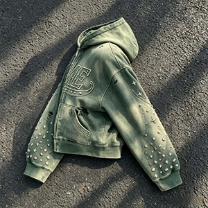 Green <b>Hooded</b> Zip-Up <b>Fleece</b> <b>Jacket</b> Men's Embroidered Logo With Rivets Beading And Chain Decorations - Product Image 2