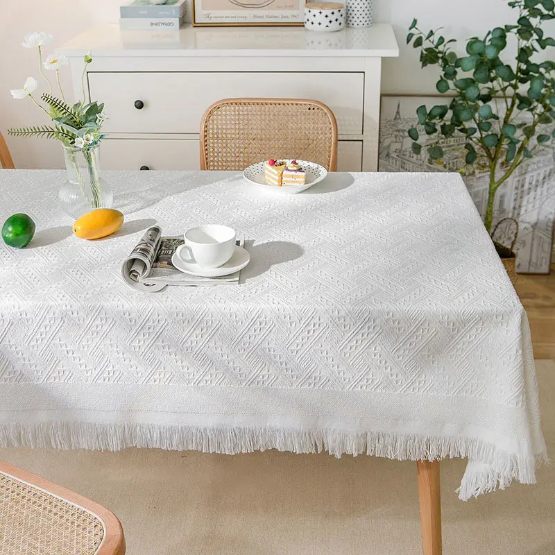 Nordic Rectangle Round Table Cover Walf Checks Pure Color Washable Cotton Linen Table Cloth with Tassel