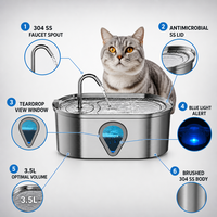 Fontaine à eau pour animaux de compagnie en acier inoxydable 304 WF170 3,5 L, distributeur d'eau automatique pour chat et chien avec fenêtre de niveau d'eau visible, pompe silencieuse