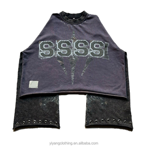 <span class=keywords><strong>T</strong></span>-<span class=keywords><strong>shirt</strong></span> da uomo in cotone pesante su misura con orlo grezzo e ritagliato Hip Hop in metallo con rivetto in pietra e magliette <span class=keywords><strong>Vintage</strong></span> a maniche lunghe da uomo - Product Image 4