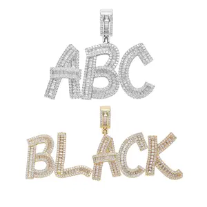 Hip Hop Custom Name Necklace Personalized 26 Initial Cursive Letter Pendant Bling Baguette CZ Necklace Rapper Jewelry for Men