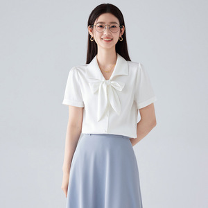 Women White Blouse With Bow Short Sleeve Professional Shirt For Hotel Uniforms - Product Image 1
