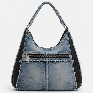 Bolso de hombro de mezclilla para mujer, bolso casual tipo hobo, bolso tote con cremallera de gran capacidad, bolso de moda azul con patchwork para llevar bajo el brazo - Product Image 4
