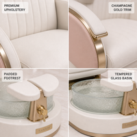 Station de pédicure haut de gamme pour salon de manucure avec siège inclinable électrique, bain de pieds en verre et finition dorée