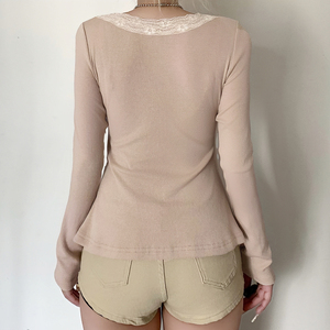 Nouveau T-shirt Femme 2025 Col V Sexy avec Dentelle Coupe Ample Manches Longues Haut Court Respirant Teint Uni Anti-Boulochage Panneau Contrastant - Product Image 3