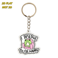 Porte-clés en acrylique I Deserve to Be Happy Frog, grenouille verte de dessin animé sur fauteuil rose, pendentif découpé en forme de nuage, anneau métallique