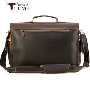 Tiding Genuine Leather Men's <b>Briefcase</b> 17-inch Large Capacity Business Bag Shoulder Crossbody Dark Brown - Product Image 3