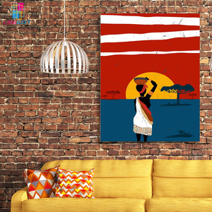 UNIART familia africana que lleva agua al atardecer arte de pared estilo africano ilustraciones con marco lienzo impresión arte de pared para decoración del hogar - Product Image 2