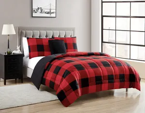 Burgundy Black Buffalo Check Gingham Geometric Pattern Printed Soft Microfiber 4pcs Comforter Set Bedding