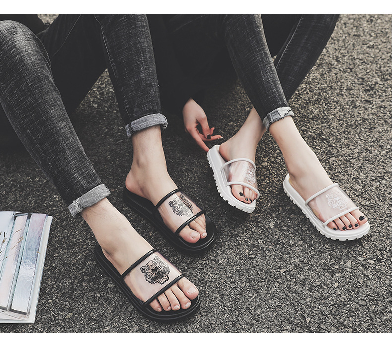 OEM Transparent Tiger Head EVA Slippers Couple Non-slip Soft Sole Home Slippers Women