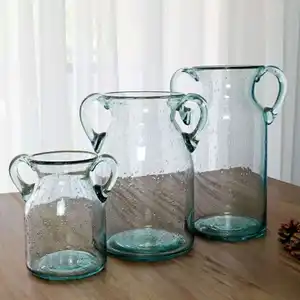 モダンなガラスの花瓶透明な気泡緑の植物の花の配置バイノーラル形状シンプルデスクトップの家に適しています