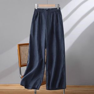 Cotton Linen Wide Leg Pants Women Elastic Waist Loose Fit Breathable Casual Pants Earth Golden Color - Product Image 3