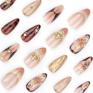 <span class=keywords><strong>Faux</strong></span> <span class=keywords><strong>ongles</strong></span> de luxe à presser, motif écaille de tortue, fleurs 3D, courts, forme amande, style French, réutilisables, perles dorées, vente en gros - Product Image 3