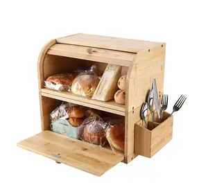 Biodegradable Roll Top Food Container Wooden Storage Bin Double Layer Bamboo Bread Box with Silverware Basket