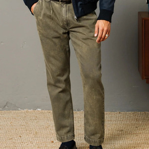 Denim personalizza <span class=keywords><strong>pantaloni</strong></span> di design bassi da <span class=keywords><strong>uomo</strong></span> con pieghe anteriori in Denim verde vecchio e lavato Jeans dritti da <span class=keywords><strong>uomo</strong></span> - Product Image 1